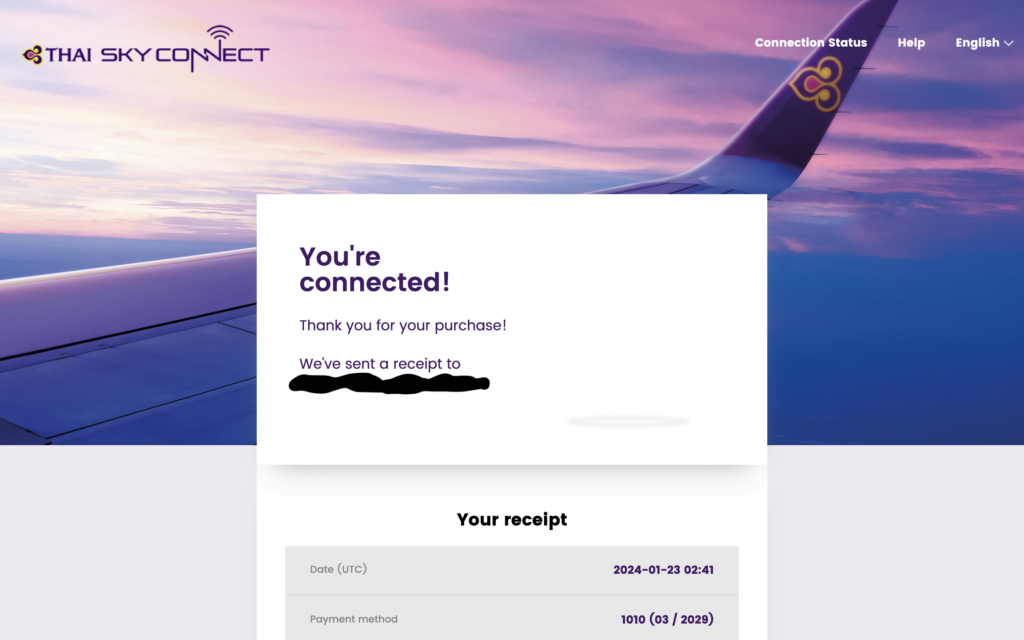 タイ国際航空　機内wi-fi決済完了